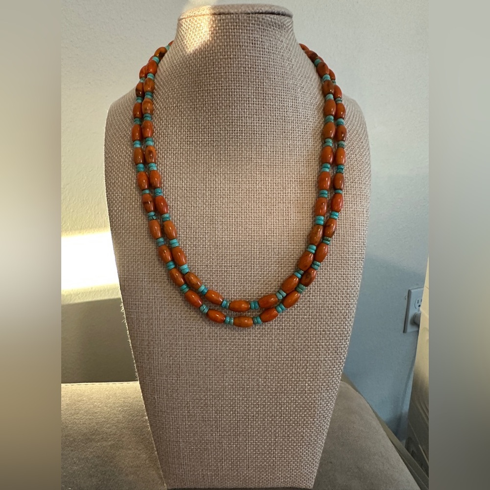 Turquoise with orange coral two strand beaded necklace by Jay King